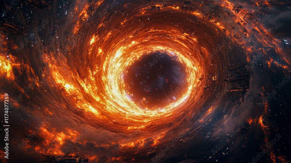 Poster fiery cosmic vortex with starry center and dark outer space background