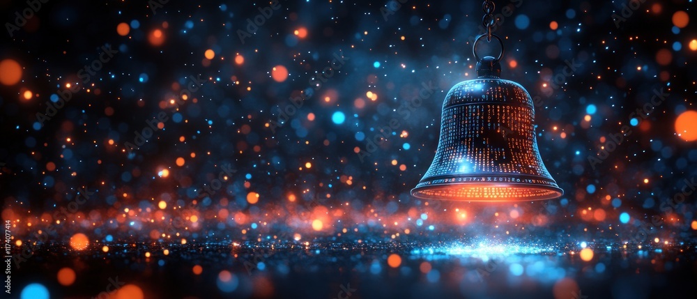 Aufkleber Digital Notification Bell Icon with Binary Code for AI Communication, Event Scheduling, User Engagement, and Productivity