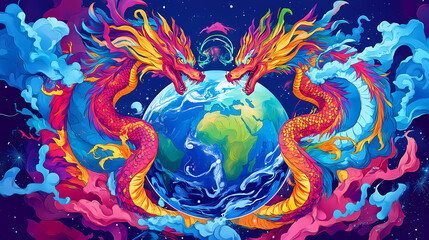 A vibrant illustration of two dragons entwined around the earth, symbolizing harmony. Earthbound. Illustration