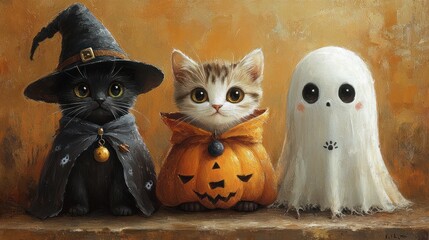 Cute Cats in Halloween Costumes Illustration with Pumpkins and Ghosts