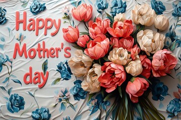 Mother's Day concept, bouquet of flowers in shades of pink, red, blue, and beige, surrounded by additional flower elements in similar hues against a patterned background