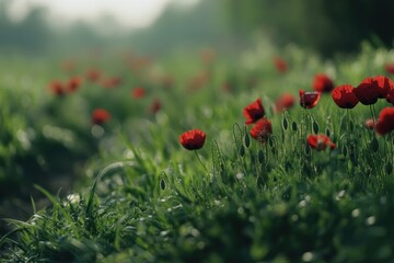 Red poppies blooming in a lush green field at dawn.