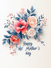 "Happy Mother's Day" greeting card, hand-drawn illustration of a floral arrangement featuring various flowers such as roses and other blossoms in shades of pink, peach, blue, and green