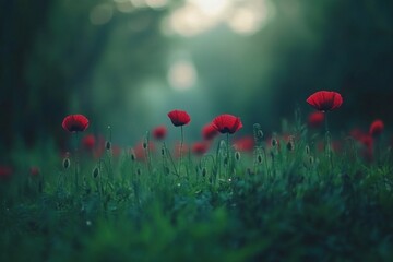Red poppies in a lush green field at dawn.