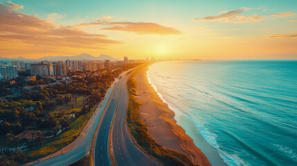 Coastal sunset over beachfront cityscape with road and mountains