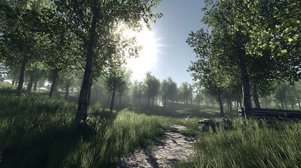 Fototapeta premium A serene forest scene with sunlight filtering through trees and a winding path.