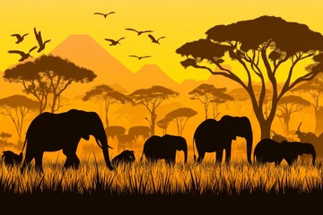 Fototapeta premium A painting captures elephants in a field as the sun sets