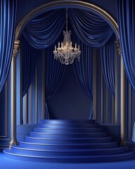 Elegant Blue Staircase with Crystal Chandelier and Drapes