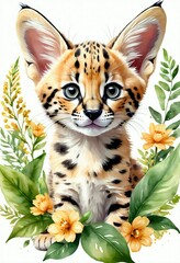 Fototapeta premium little cute watercolor baby serval with flowers