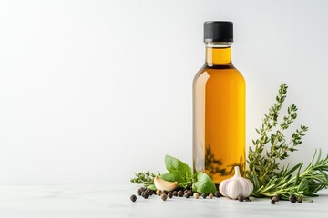 Glass bottle of golden oil with fresh herbs, garlic, and peppercorns on white surface. Concept for culinary or natural product branding