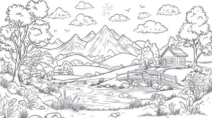 Naklejka premium Peaceful Cottage Scene With River Bridge And Mountains