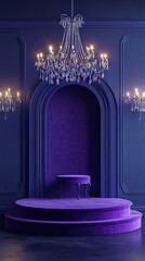 Elegant Purple Room Interior Design with Crystal Chandelier and Velvet Seating