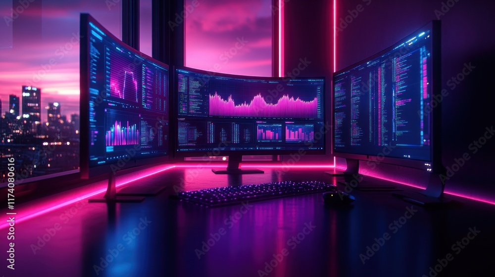Poster Futuristic Data Analysis Room with Monitors Displaying Real Time Network Performance Analytics and Visualization Tools