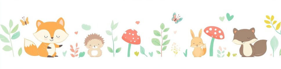 Obraz premium Cute forest animals, butterflies, flowers, and mushrooms form a modern seamless border. The woodland animal characters are isolated on a white background