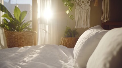 Sunlit bedroom with plants, pillows, and woven wall hanging.