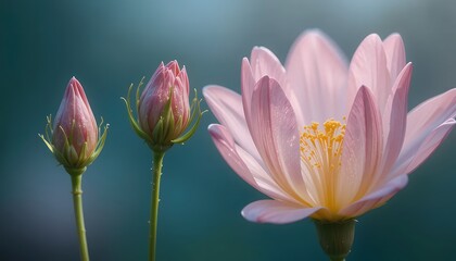 Pink Cosmos Flower Growth Stages: Bud to Bloom, Macro Close-up, Soft Focus, Delicate Petals, Water Droplets, Pastel Colors, Serene Nature Photography, Beautiful Floral Background