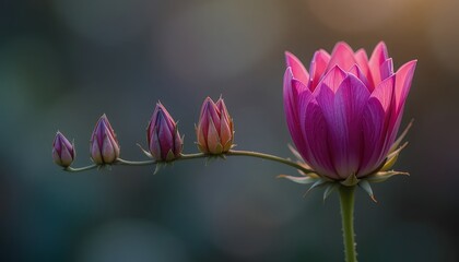 Obraz premium Pink Flower Growth Stages: From Bud to Bloom - Macro Photography of Nature's Progression, Sunrise/Sunset Backdrop