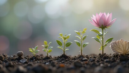 Pink Flower Growth Stages: From Seed to Bloom, Representing Business Growth, Career Success, and Life's Journey. Concept Image for Marketing, Investment, and Sustainable Growth.