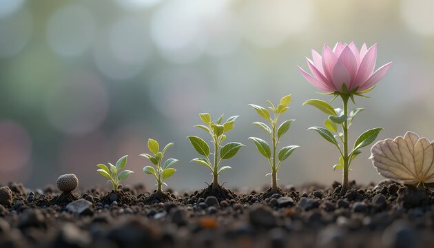 Fototapeta Pink Flower Growth Stages: From Seed to Bloom, Representing Business Growth, Career Success, and Life's Journey. Concept Image for Marketing, Investment, and Sustainable Growth.