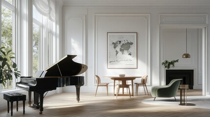 Sunlit living room with grand piano, world map art, and elegant furniture.