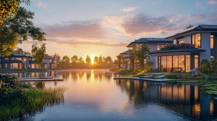 Fototapeta premium Serene sunset over modern lakeside homes with lush gardens and calm waters