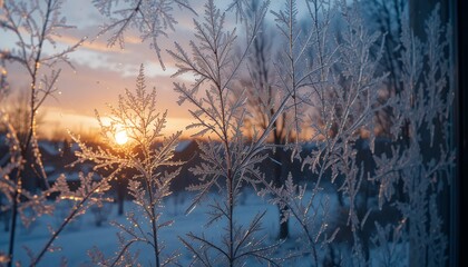 Obraz premium Winter Sunrise: Frozen Branches Glimmering with Frost Crystals on a Cold Winter Morning - Scenic Winter Wonderland View Through Window
