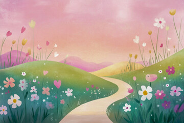 Serene pathway through vibrant spring meadow with colorful flowers at sunset