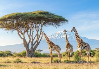 Obraz premium Kenya's National park features three giraffes standing near the immense Kilimanjaro mountain