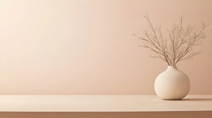 A pastel beige cream-colored studio table serving as a minimalist product display backdrop with ample copy space for advertising