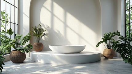 Minimalist Interior Design with Plants and Oval Tub