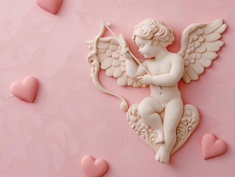 Fundo rosa com cora&ccedil;&otilde;es flutuando e Cupido com arco e flecha, representando "o amor est&aacute; no ar". Rom&acirc;ntico e l&uacute;dico.