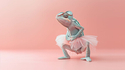 Graceful chameleon ballerina on tiptoes in a tutu, minimalist pink elegance
