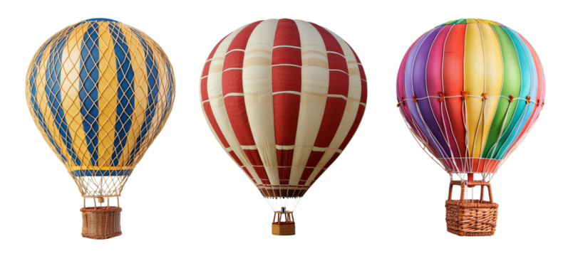 Set of three hot air balloons with unique designs: blue and yellow stripes, red and white stripes, and multicolored stripes, isolated on a transparent background. Perfect for adventure.