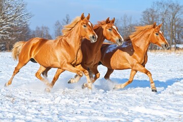 In a field enveloped by sunshine and sprinkled with snow, brown and white horses dash