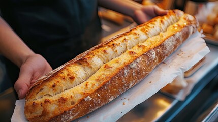 Baker holding freshly baked long loaf, bakery background, food photography, website use.