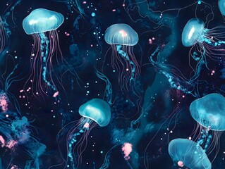 Naklejka premium Glowing Jellyfish and Bioluminescent Creatures