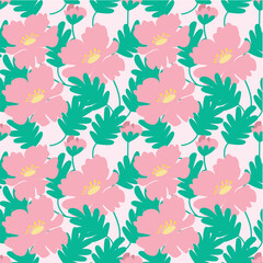 Soft pink blossom and bright green leaves pattern for background.