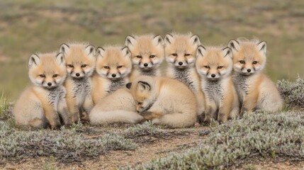 Red fox, vulpes vulpes, cubs sitting beside the den. Group of baby animals peering around. Wildlife view showing various young predators