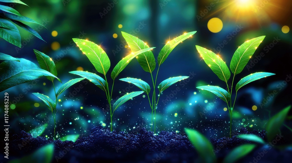 Poster lush green seedlings emerging from rich soil in a vibrant forest setting bathed in soft light with a