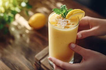 Refreshing yellow smoothie in a tall glass, garnished with lemon and mint.