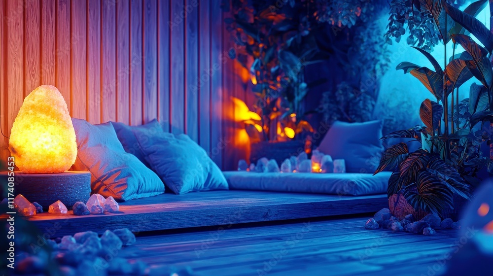 Poster serene and tranquil meditation space with soft lighting and natural elements for relaxation and mind