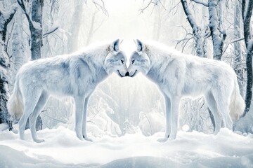 Naklejka premium A snowy winter day finds two stunning wolves wandering in the forest