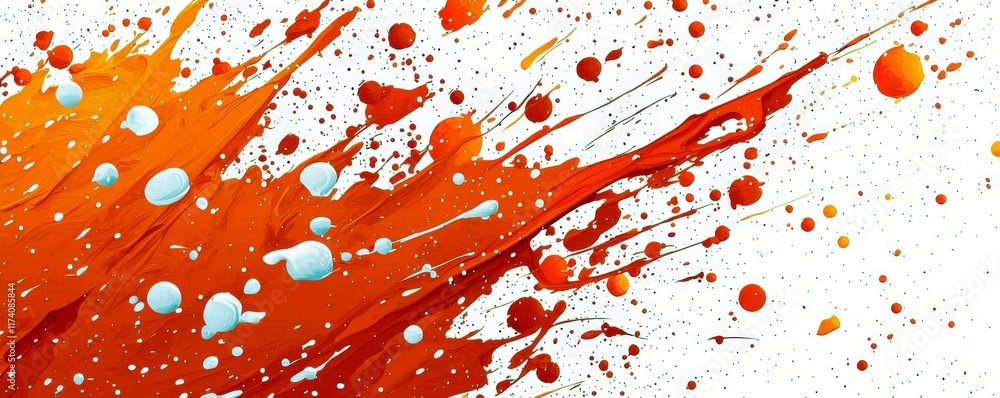 Poster dynamic abstract splash of bright orange and blue paint with droplets and drips on a white backgroun