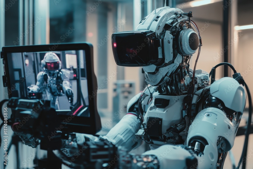 Poster robot interacts with a display in a futuristic laboratory setting