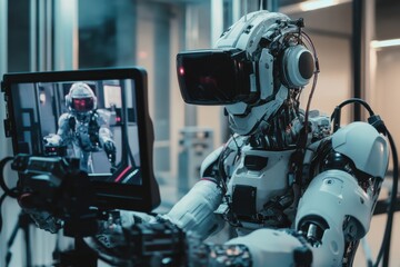 Fototapeta premium Robot interacts with a display in a futuristic laboratory setting