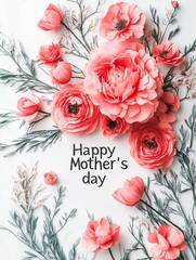 Mothers Day greeting card with the heartfelt message "Happy Mother's Day" alongside a bouquet of pink peony flowers and green foliage, perfect for gifting or decoration