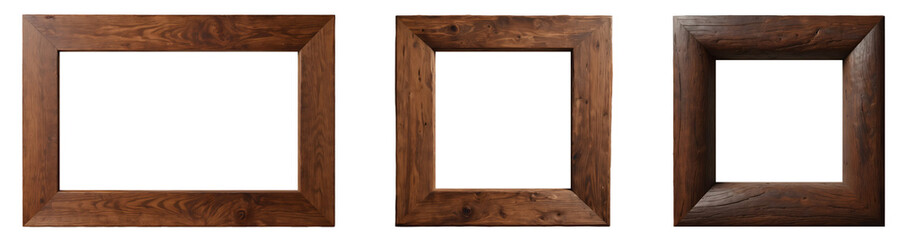 Collection of various wooden frames isolated on transparent background, template