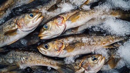 Obraz premium Fresh fish on ice at market; seafood sale.