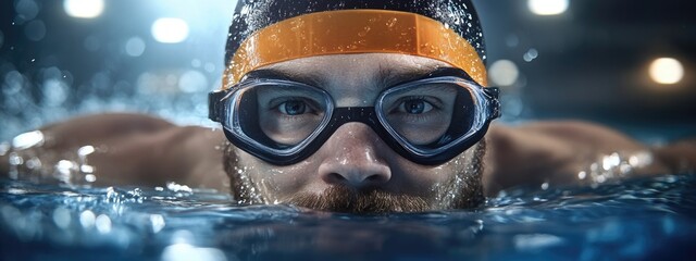 Male in a pool: swimmer close-up, aquatic skill, water splash, athletic effort, freestyle focus, rippling waves, diving motion, competitive edge, muscular form, swimming precision, fitness drive.