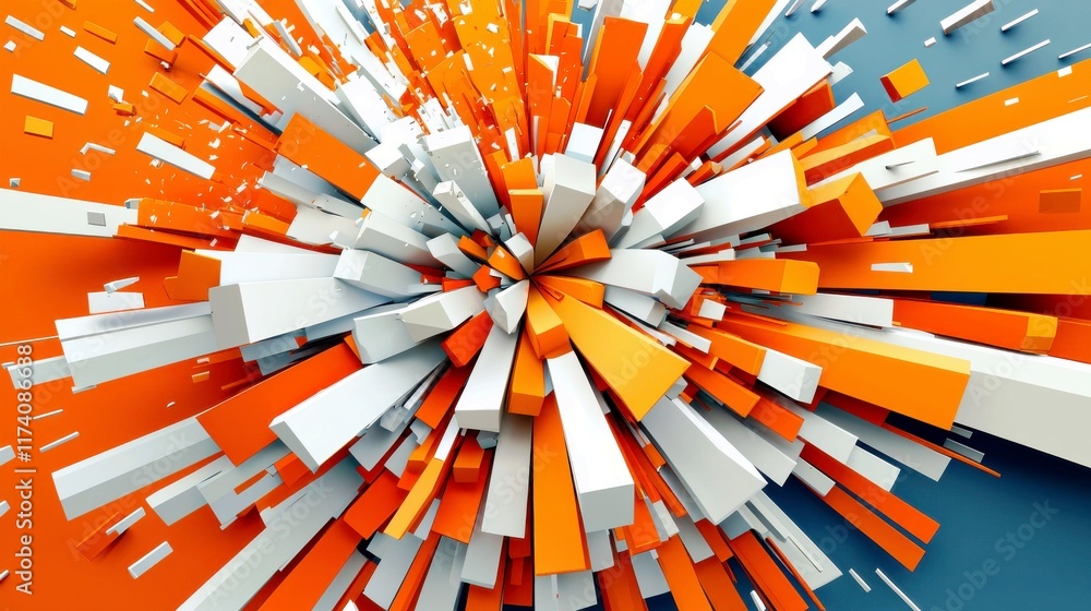 Poster abstract explosion of orange and white rectangular shapes against a blue background, dynamic energy 
